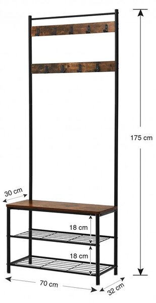 Cuier cu bancuta si suport pantofi Model Wu, Maro Rustic/Negru, 70x32.5x175 cm