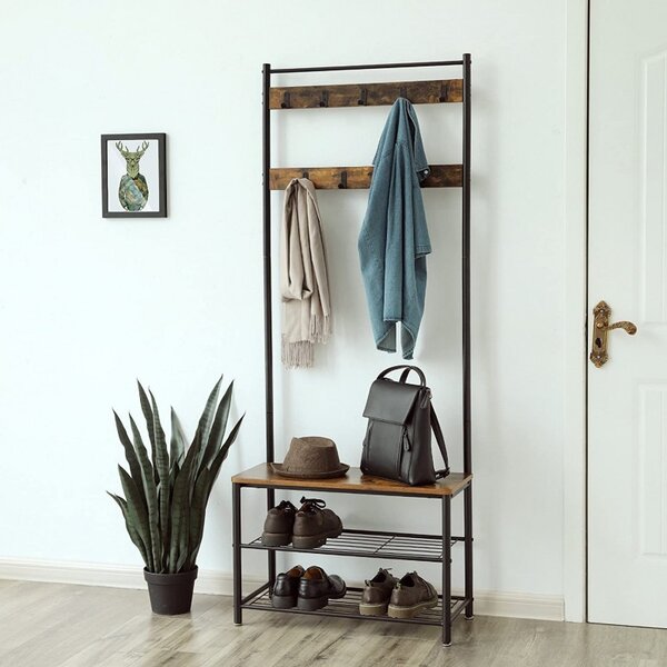 Cuier cu bancuta si suport pantofi Model Wu, Maro Rustic/Negru, 70x32.5x175 cm