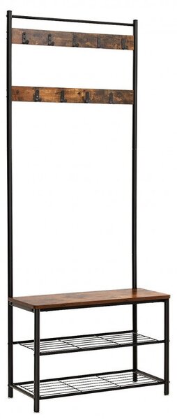 Cuier cu bancuta si suport pantofi Model Wu, Maro Rustic/Negru, 70x32.5x175 cm