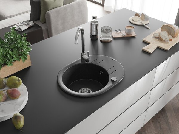 Mexen Kevin, chiuveta granit 586x458x190 mm, 1 camera, negru - argintiu metalic, 6517581005-73