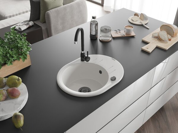 Mexen Kevin, chiuveta granit 586x458x190 mm, 1 camera, alb cu sifon negru, 6517581005-20-B