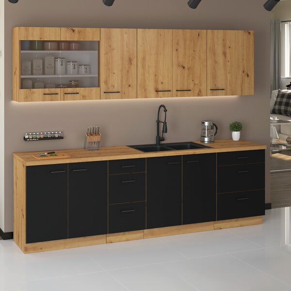 KONDELA Dulap de bucătărie inferior, negru mat / stejar artizan, MONRO 80 D 2F BB