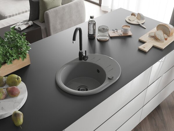 Mexen Kevin, chiuvetă din granit 586x458x190 mm, 1 cameră, gri cu sifon negru, 6517581005-71-B