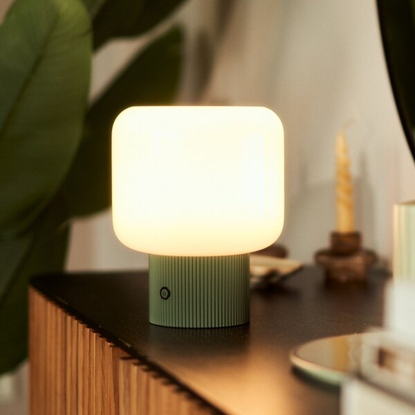 Lucande Lampa de masă cu baterie LED Katrin Palme, verde, sticlă, reglabil, Verde, Camera de zi / sufragerie, Sticlă, Modern