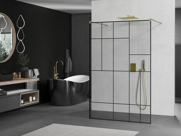 Mexen Kioto, Paravan de duș Walk-In 100 x 200 cm, model sticlă 8 mm negru, profil auriu mat, 800-100-002-55-78