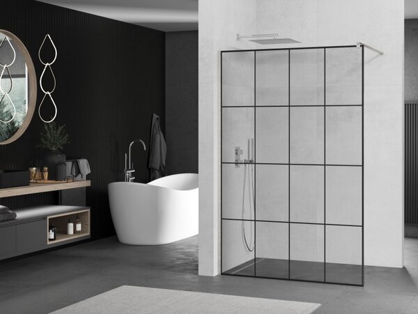Mexen Kioto, paravan de duș walk-in 130 x 200 cm, sticlă transparentă de 8 mm model negru, profil din oțel periat, 800-130-101-97-77