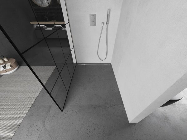Mexen Kioto, paravan de duș walk-in 130 x 200 cm, sticlă transparentă de 8 mm model negru, profil din oțel periat, 800-130-101-97-77