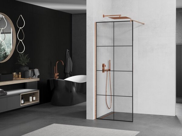 Mexen Kioto, paravan de duș walk-in 80 x 200 cm, sticlă transparentă 8 mm model negru, profil cupru mat, 800-080-101-65-77