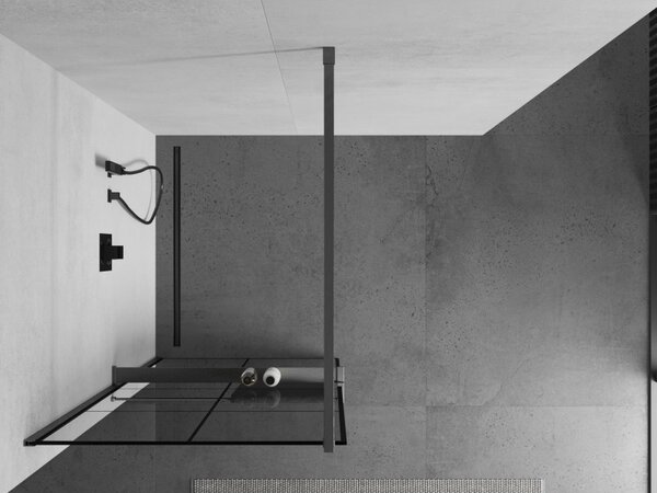 Mexen Kioto+, Paravan de duș cu poliță și cuier 80 x 200 cm, sticlă transparentă de 8 mm model negru, profil grafit, 800-080-121-66-77