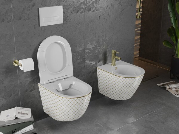 Mexen Lena, vas de toaletă suspendat 480x360x355 mm, model alb - auriu, 30224009