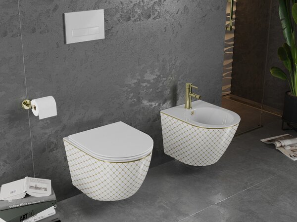 Mexen Lena, vas de toaletă suspendat 480x360x355 mm, model alb - auriu, 30224009