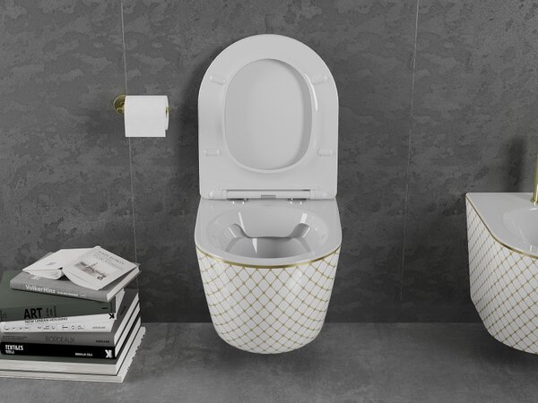 Mexen Lena, vas de toaletă suspendat 480x360x355 mm, model alb - auriu, 30224009