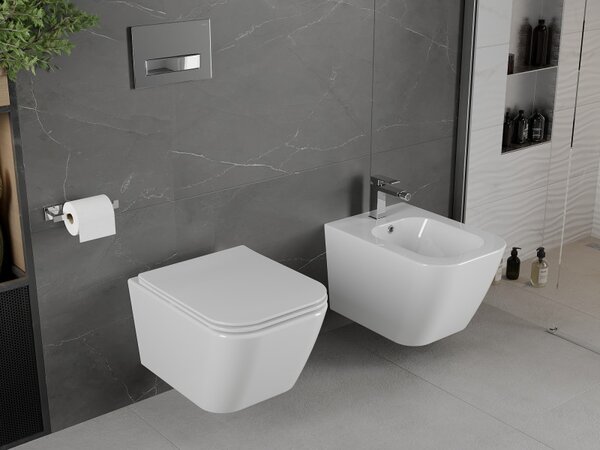 Mexen Madox, Vas de toaletă montat pe perete fără margine 515x365x350 mm cu scaun SLIM cu cădere lentă din duroplast, alb, 30154000