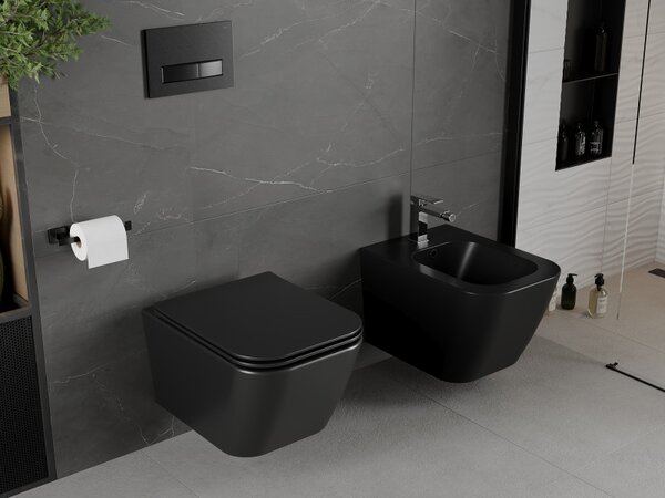 Mexen Madox, Vas de toaletă montat pe perete fără margine 515x365x350 mm cu scaun SLIM cu cădere lentă din duroplast, negru mat, 30154070