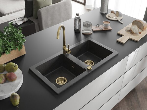 Mexen Mario, chiuveta granit 820x436x161 mm, 2 camere, pete negre cu sifon auriu, 6504822000-76-G