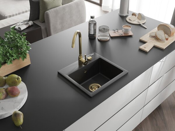Mexen Milo, chiuvetă din granit 435x410x171 mm, 1 cameră, negru cu sifon auriu, 6505441000-77-G