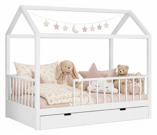 Pat copii tip Montessori cu spațiu de depozitare 200x90 cm Alb