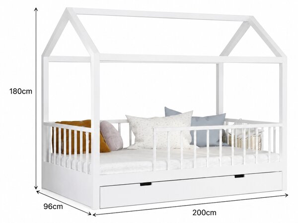 Pat copii tip Montessori cu spațiu de depozitare 200x90 cm Alb