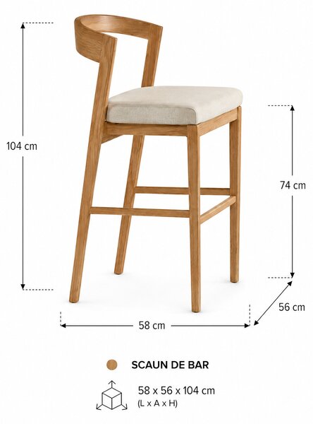 Scaun de bar din lemn masiv, cu șezut tapițat