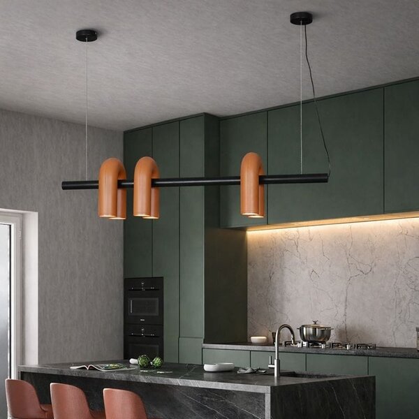 Lampă suspendată liniară cu trei surse – design contemporan, negru si teracotă 120cm