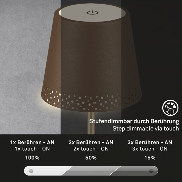 Brilo - Lampă de masă LED KIKI, reîncărcabilă, cu control tactil, 2,6W/5V, IP44, 2600 mAh, maro