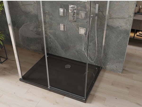 Mexen Omega, cabină de duș cu 3 pereți cu ușă glisantă 100 (uşă) x 80 (perete) x 190 cm, sticlă transparentă de 8 mm, profil cromat + cadă de duș SLIM neagră, 825-100-080-01-00-3S-4070