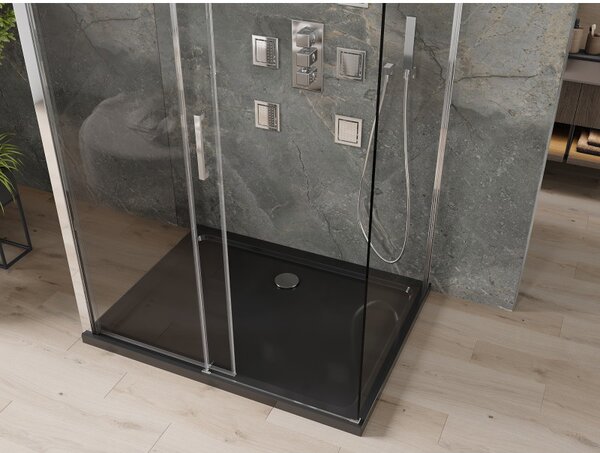 Mexen Omega, cabină de duș cu 3 pereți cu ușă glisantă 100 (uşă) x 80 (perete) x 190 cm, sticlă transparentă de 8 mm, profil cromat + cadă de duș SLIM neagră, 825-100-080-01-00-3S-4070