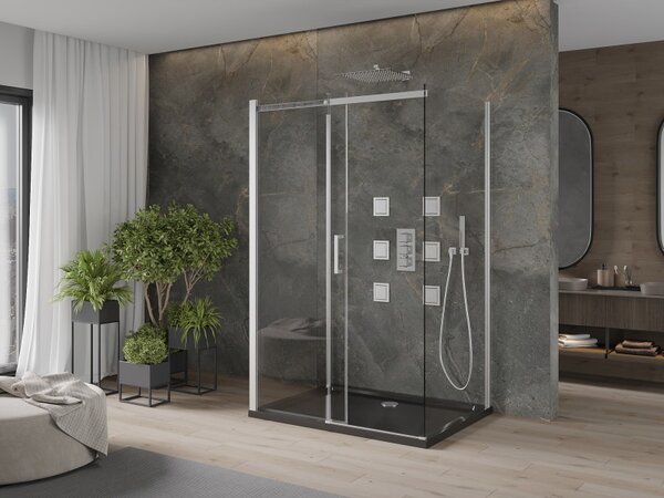 Mexen Omega, cabină de duș cu 3 pereți cu ușă glisantă 100 (uşă) x 80 (perete) x 190 cm, sticlă transparentă de 8 mm, profil cromat + cadă de duș SLIM neagră, 825-100-080-01-00-3S-4070