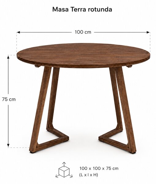 Masa rotunda dining din lemn masiv TERRA WALNUT 100x100x75 cm