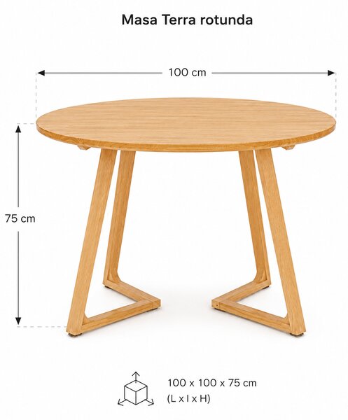 Masa rotunda dining din lemn masiv Terra Oak 100x100x75 cm