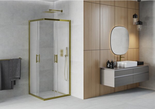 Mexen Rio, cabină de duș pătrată cu uşă glisantă 80(uşă) x 80(uşă) x 190 cm, sticlă mată 6mm, profil auriu, 860-080-080-50-30