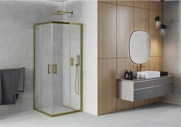Mexen Rio, cabină de duș pătrată cu uşă glisantă 80(uşă) x 80(uşă) x 190 cm, sticlă mată 6mm, profil auriu, 860-080-080-50-30