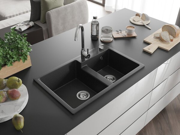 Mexen Tomas, chiuveta granit 800x500x190 mm, 2 camere, negru - argintiu metalic, 6516802000-73
