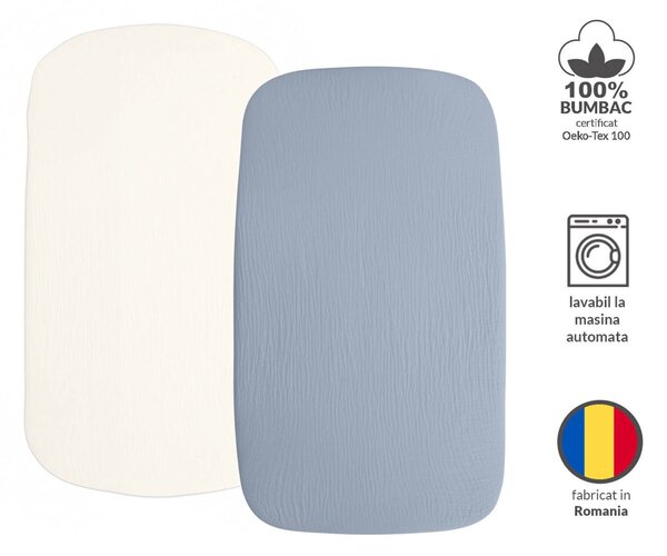 Set 2 cearceafuri din muselina cu elastic roata pentru patut cosleeper 90x50 cm Kidizi jeans, bumbac 100%