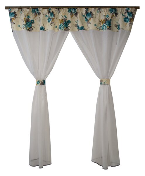 Perdea Velaria in alb cu flori turcoaz, 210x165 cm