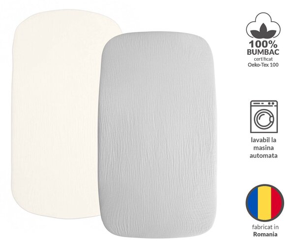 Set 2 cearceafuri din muselina cu elastic roata pentru patut cosleeper 90x50 cm Kidizi grey, bumbac 100%
