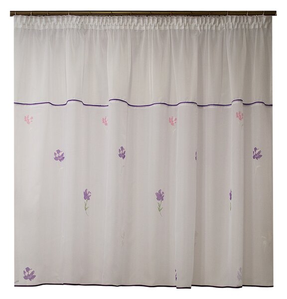 Perdea Velaria voal alb si flori mov, 240x140 cm