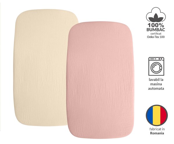 Set 2 cearceafuri din muselina cu elastic roata pentru patut cosleeper 90x50 cm Kidizi pink , bumbac 100%
