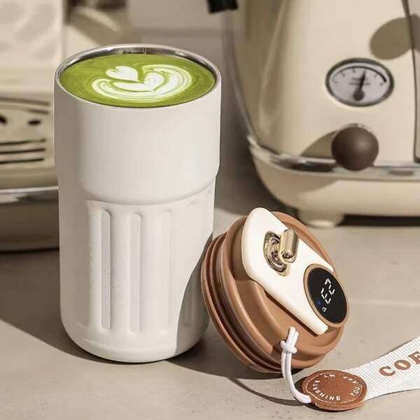 Cana termos Pufo Luxury cu indicator LED de temperatura, 400 ml, maro