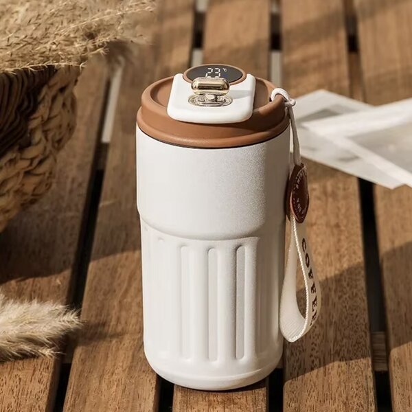 Cana termos Pufo Luxury cu indicator LED de temperatura, 400 ml, maro