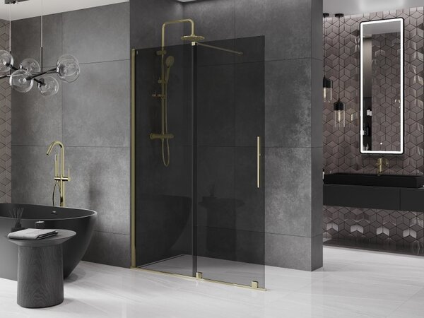 Mexen Velar, paravan de dus cu usa culisanta Walk-in 140 x 200 cm, sticla gri 8mm, auriu lucios, 871-140-000-43-50