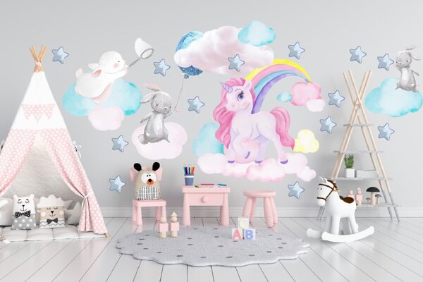 Autocolant de perete pentru fete unicorn și iepurași pe cer 80 x 160 cm