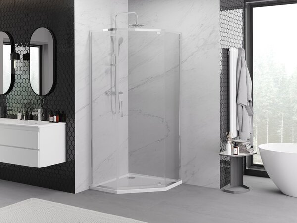 Mexen Exo, cabină de duș pentagonală cu ușă cu balamale 100 x 100 cm, sticlă transparentă de 6 mm, profil cromat, 812-100-100-01-00