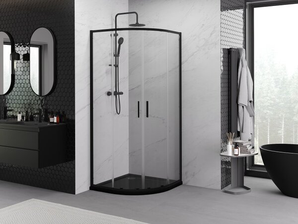 Mexen Exo, cabină de duș asimetrică cu ușă glisantă 80 x 80 cm, sticlă transparentă de 6 mm, profil negru, 8132-080-080-70-00