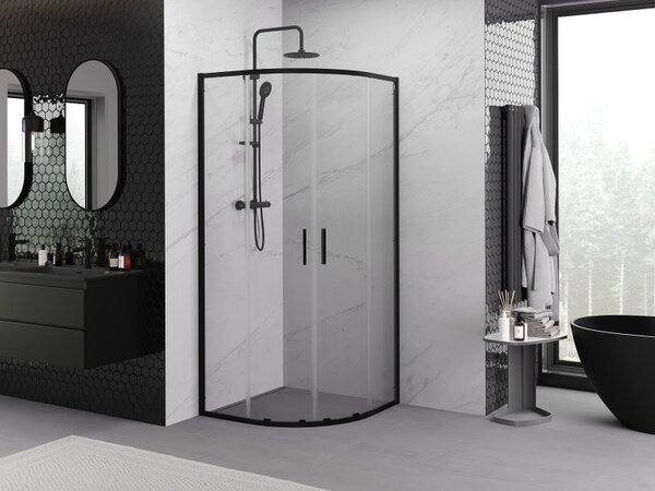 Mexen Exo, cabină de duș asimetrică cu ușă glisantă 80 x 80 cm, sticlă transparentă de 6 mm, profil negru, 8132-080-080-70-00