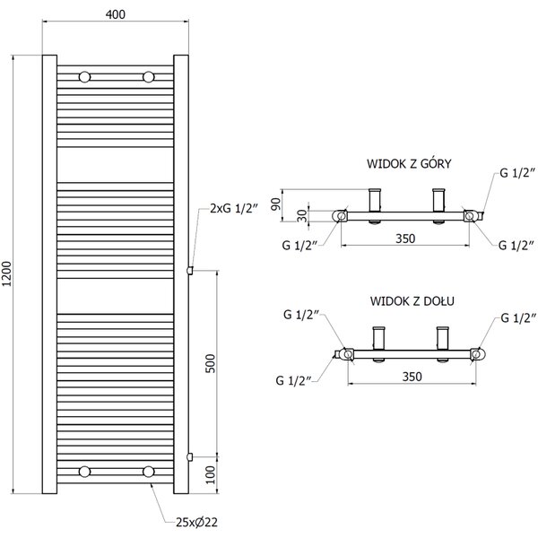 Mexen Mars, radiator 1200 x 400 mm, 439 W, racord lateral dreapta si jos, alb, W110-1200-400-00-20-S