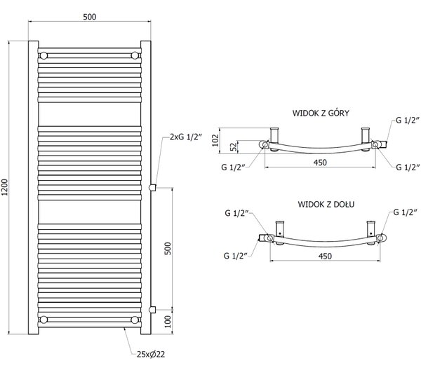 Mexen Ares, calorifer 1200 x 500 mm, 531 W, racord lateral dreapta si jos, alb, W102-1200-500-00-20-S