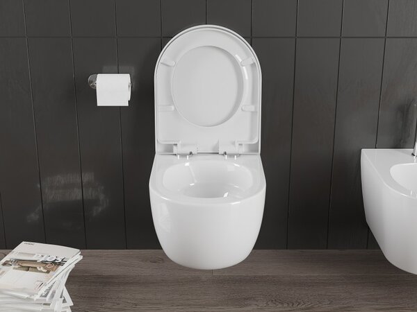 Mexen Carmen, vas WC suspendat 490x365x340 mm, Rimless Tornado + scaun WC duroplast, alb lucios, 30880200T