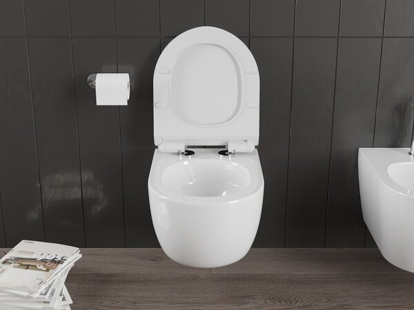 Mexen Carmen, vas WC suspendat 490x365x340 mm, Rimless Tornado + scaun WC duroplast, alb lucios, 30880100T