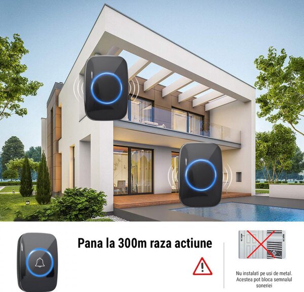 Sonerie Wireless, distanta 300m, 60 melodii, 5 nivele de volum